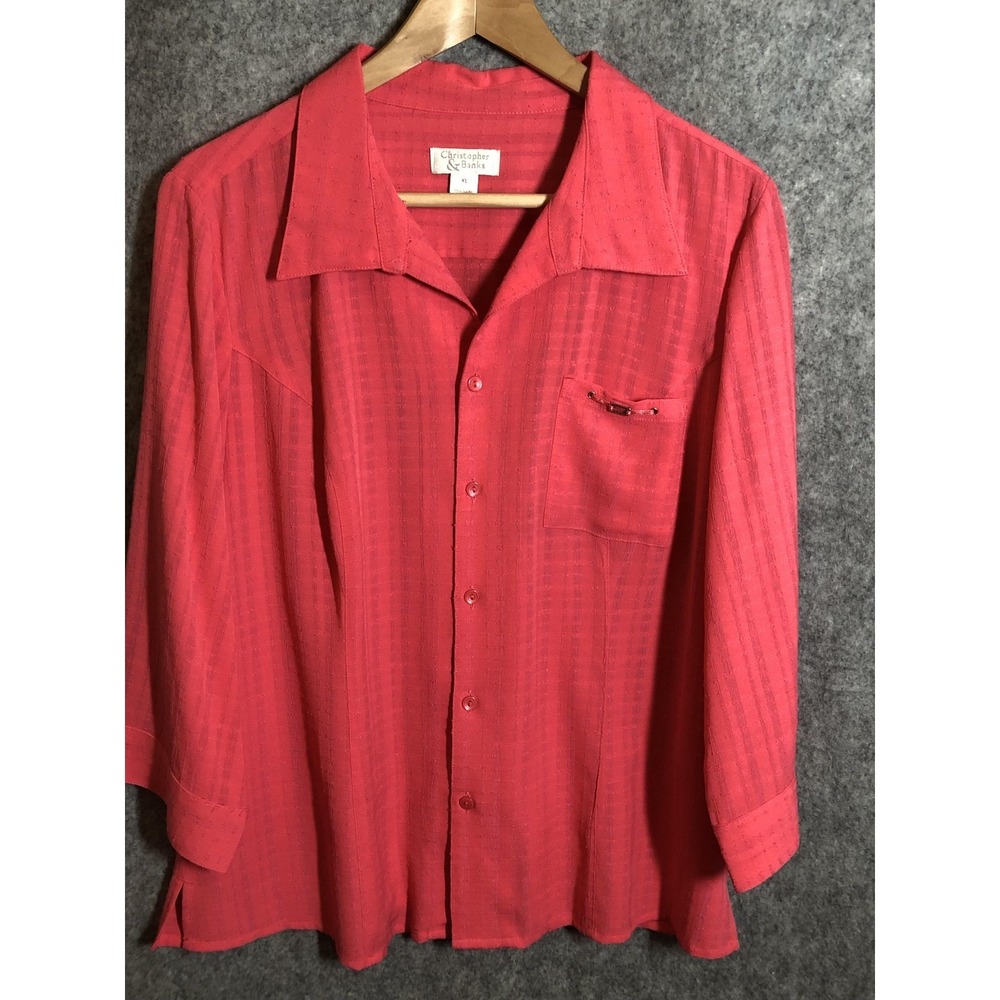 Christopher & Banks Shirt Womens XL Red Textured Stripe 3/4 Sleeve‎ Button Top